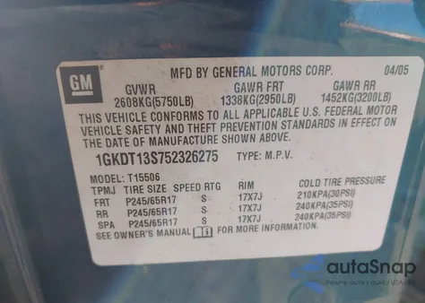 2005 GMC Envoy Slt z USA, uszkodzony, nr VIN 1GKDT13S752326275